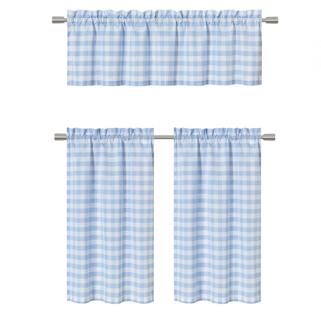 Kate Aurora Country Farmhouse Plaid Checkered Gingham 3 Pc Kitchen Curtain Tier & Valance Set - 56 in. W x 36 in. L, Light Bl