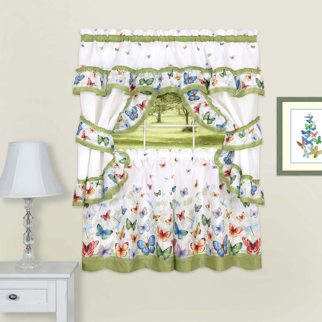 GoodGram Butterflies Prairie Complete 5 Piece Cottage Kitchen Curtain Set - 58 in. W x 24 in. L