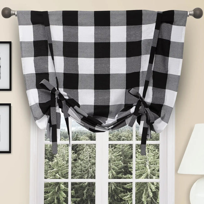 Kate Aurora Country Farmhouse Large Buffalo Plaid Tie Up Window Curtain With Ties - Black
