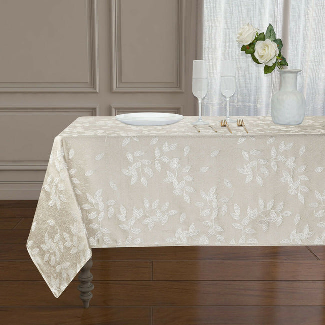 Kate Aurora Living Raised Jacquard Floral Leaves Spill Proof Fabric Tablecloth - 60 in. W x 84 in. L, Ivory