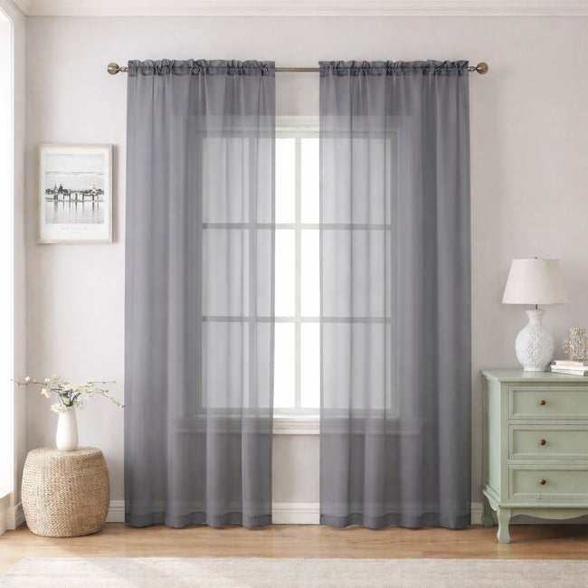 Kate Aurora 2 Piece For Extra Long Windows Rod Pocket Gray Rod Pocket Sheer Curtain Panels - 95 in. Long