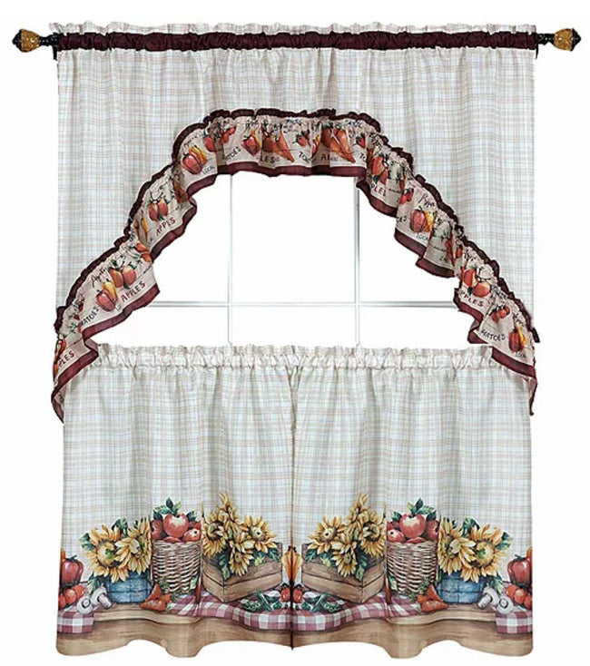 Kate Aurora Country Farmers Market Complete 3 Piece Kitchen Curtain Tier & Swag Valance Set - 24 in. Long