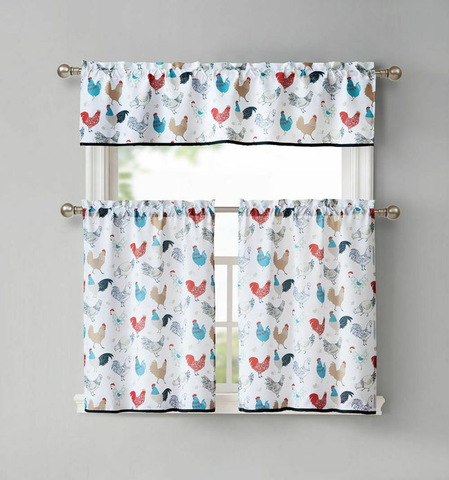 Kate Aurora Multi Rooster Complete 3 Pc Kitchen Curtain Tier & Valance Set - White Background