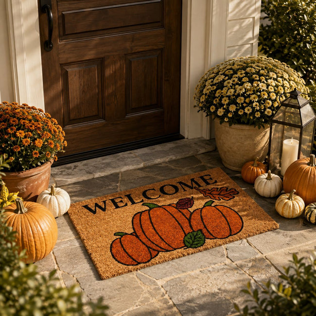 Kate Aurora Fall Autumn Foliage & Pumpkins Bristled Outdoor All Season Welcome Mat - 18"x30"