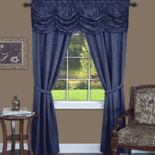 Kate Aurora Jacquard Damask Curtains With An Attached Austrian Valance & Tiebacks - 84 in. Long - Navy Blue