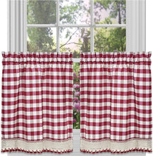 Kate Aurora 2 Piece Country Farmhouse Buffalo Plaid Rod Pocket Cafe Tier Curtain Panels With Macrame Border - 36 in. Long - B