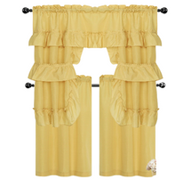 Kate Aurora Country Farmhouse Living Solid Colored Cafe Kitchen Curtain Tier & Swag Valance Set - 56 in. W x 36 in. L, Yellow