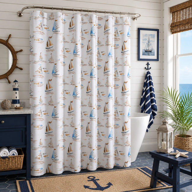 Kate Aurora Maritime Blues Coastal Sailboats And Fish Fabric Shower Curtain - 72 in. Wide x 72 in. Long - Multi