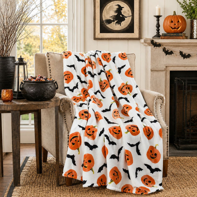 Kate Aurora Halloween Pumpkins Bats Rustic Orange & White Ultra Soft & Plush Throw Blankets