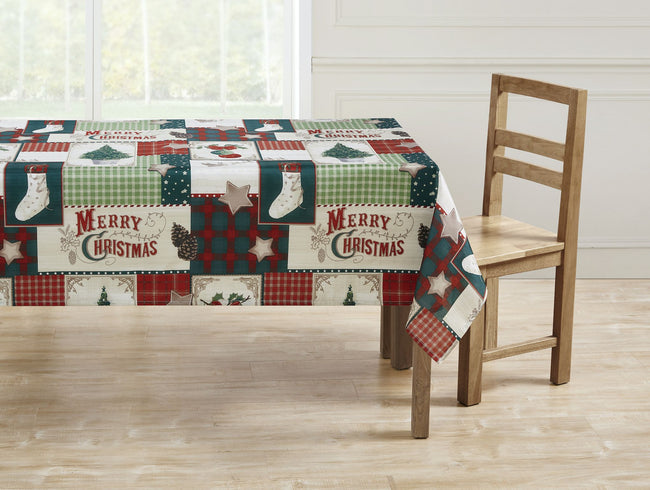 Kate Aurora Holiday Living Plaid Country Farmhouse Merry Christmas Fabric Tablecloth - 8-10 Chairs