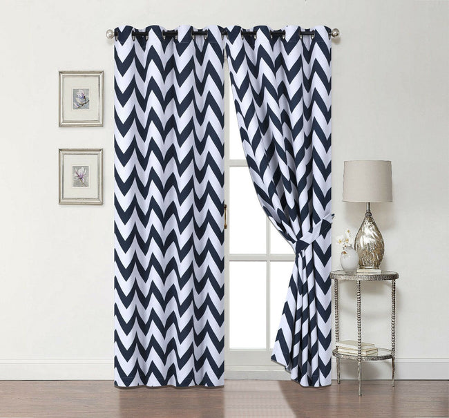 Kate Aurora 2 Pack Room Darkening Juvi Chevron Grommet Top Window Curtains With Tiebacks - 50 in. W x 63 in. L, Navy