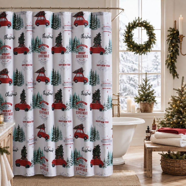 Kate Aurora Tis The Season Holiday Pick Up Truck & Christmas Trees Fabric Shower Curtain - Standard Size