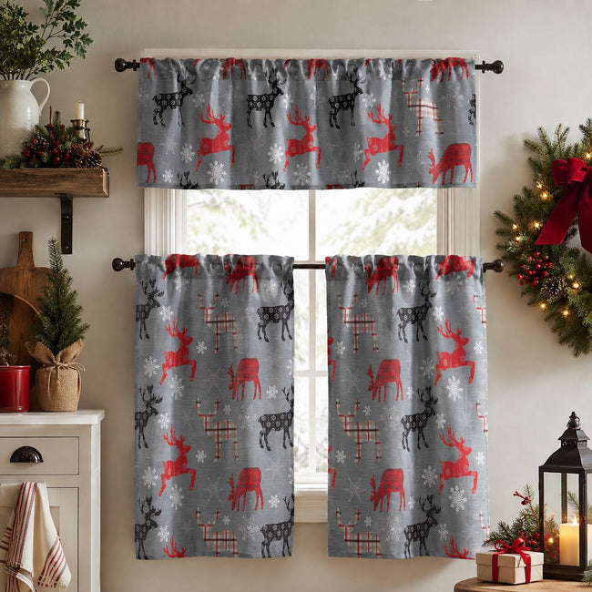 Kate Aurora Complete Plaid Christmas Reindeer Snowflakes 3 Pc Kitchen Curtain Tier And Valance Set - 56 in. W x 36 in. L