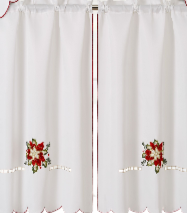 Kate Aurora Holiday Collection Rod Pocket Embroidered Poinsettia Christmas 3 Pc Cafe Kitchen Curtain Tier & Valance Set