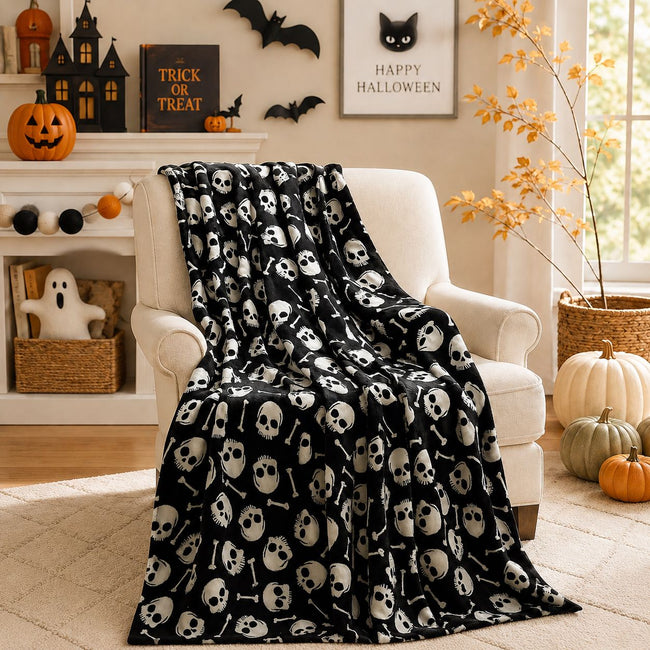 Kate Aurora Ultra Soft & Cozy Halloween Spooky Skulls & Bones Ultra Plush Throw - 50 in. W x 60 in. L