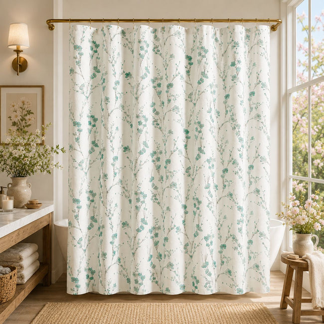 Kate Aurora Woodland Bloom Botanical Fabric Shower Curtain - 70 in. x 72 in. - Green