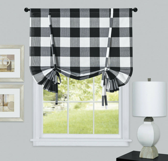 Kate Aurora Country Farmhouse Rod Pocket Buffalo Plaid Gingham Tie Up Window Curtain Panel