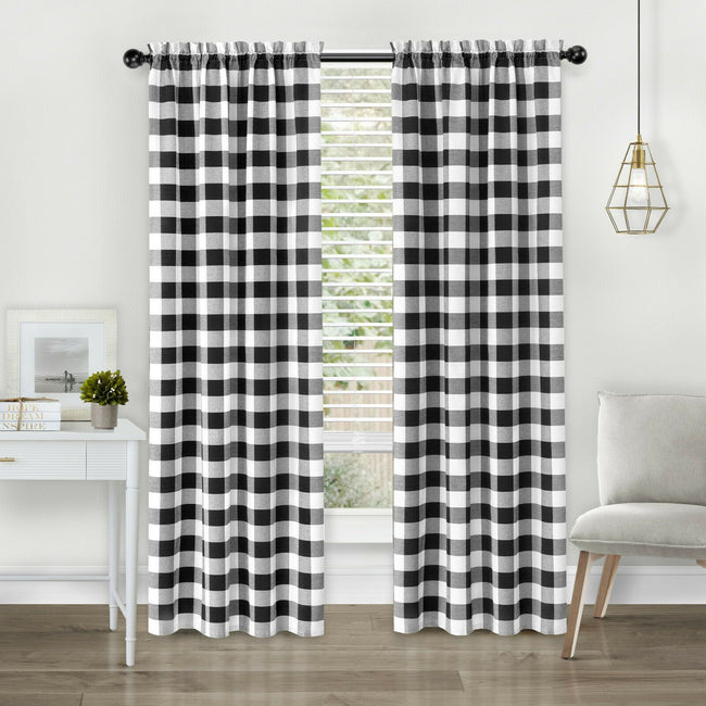 Kate Aurora Modern Farmhouse 2 Piece Large Buffalo Plaid Check Rod Pocket Curtains - 63 in - Black