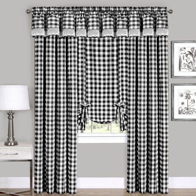 GoodGram Complete 6 Piece Country Chic Plaid Window Curtain Treatment Set - 58 in. W x 84 in. L, Black