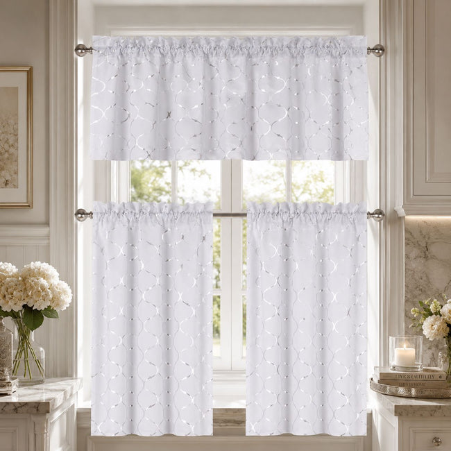 Kate Aurora Metallic Lattice Clover Ultra Luxurious Complete Kitchen Curtain Tier & Valance Window Curtains Set - 58 in. W x 