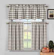 Kate Aurora Complete 3 Piece Country Farmhouse Plaid Kitchen Curtain Tier & Valance Set - Muted Taupe