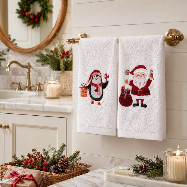 Kate Aurora 2 Piece Christmas Penguin & Santa Claus Embroidered Cotton Hand Towel Set