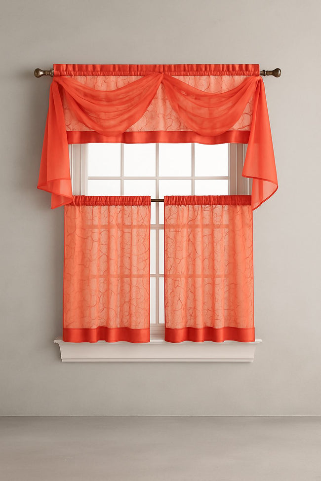 Kate Aurora Living Complete 4 Piece Linen Leaf Embroidered Complete Kitchen Curtain Set - 58 in. W x 36 in. L, Orange