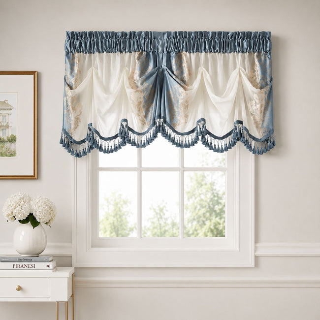 Kate Aurora Danbury Custom Austrian Embroidered Rod Pocket Window Valance Treatment  - 54 in. W x 20 in. L, Seaside Blue