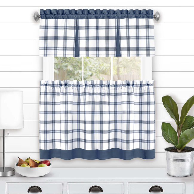 Kate Aurora Windowpane Plaid Country Farmhouse Kitchen Curtain Tier & Valance - 24 in. Long - Blue