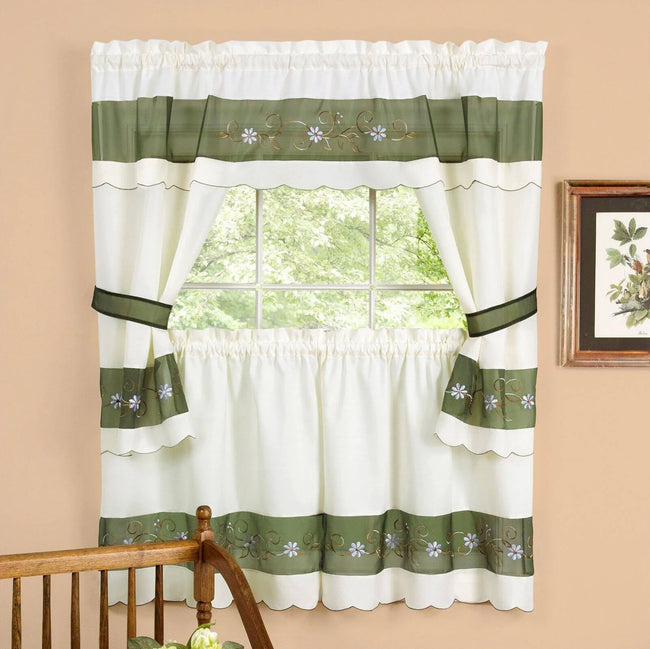 Kate Aurora 5 Piece Embroidered Floral Kitchen Curtain Tier Curtain Valance & Tiebacks Set - 36 in. Long