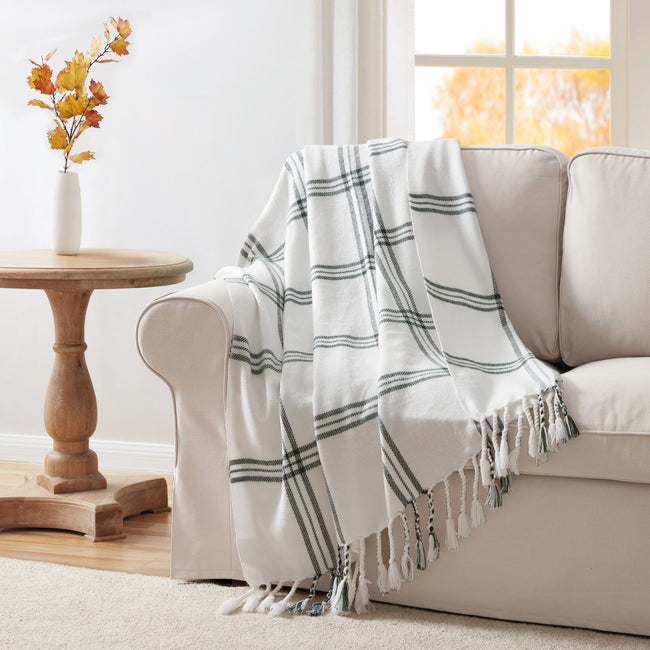 Kate Aurora Woodland Plaid Fringed Accent Throw Blanket - 50 in. x 60 in. - White/Green