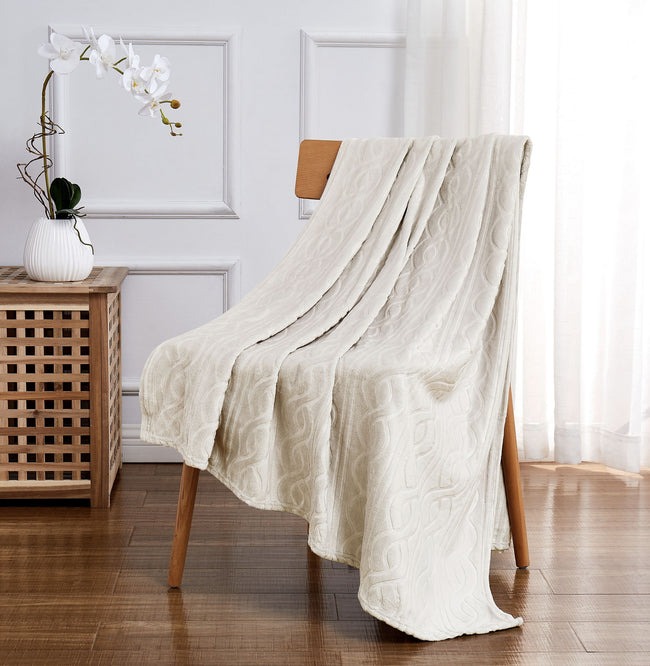 Kate Aurora Ultra Soft & Plush Cable Geometric Designed Embossed Fleece Accent Throw Blanket - Ivory