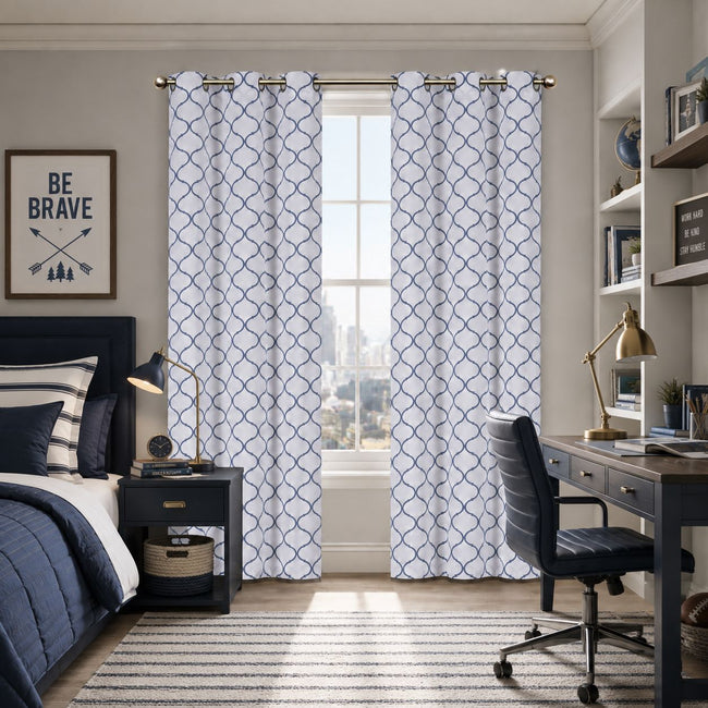 Kate Aurora Dorm Essentials Navy Trellis Grommet Top Window Curtain Panel Pair - 84 in. Long