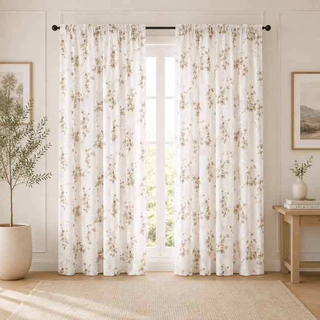 Kate Aurora 1 Piece Printed Cherry Blossom Rod Pocket Window Curtain Panel - Taupe