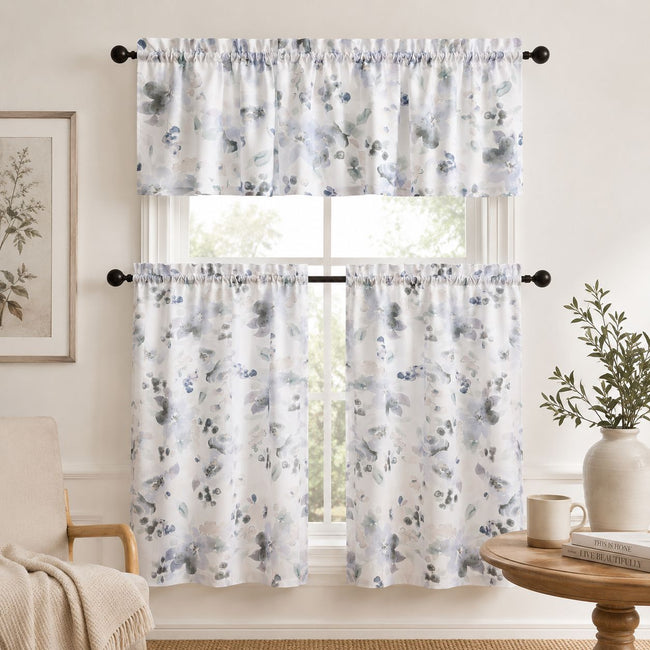 Kate Aurora 3 Piece Belissima Watercolor Floral Cafe Kitchen Curtain Tier & Valance Set - Gray