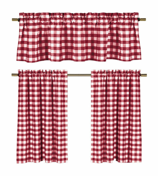 GoodGram Candy Apple Red & White Country Checkered Plaid Kitchen Tier Curtain Valance Set - 58 in. W x 36 in. L