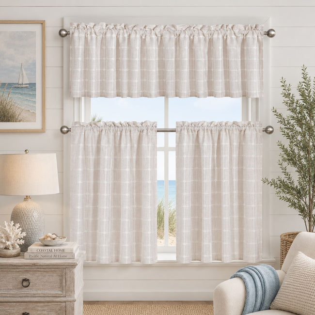Kate Aurora 3 Piece Claire Embroidered Cafe Rod Pocket Kitchen Curtain Tier & Valance Set - Beige