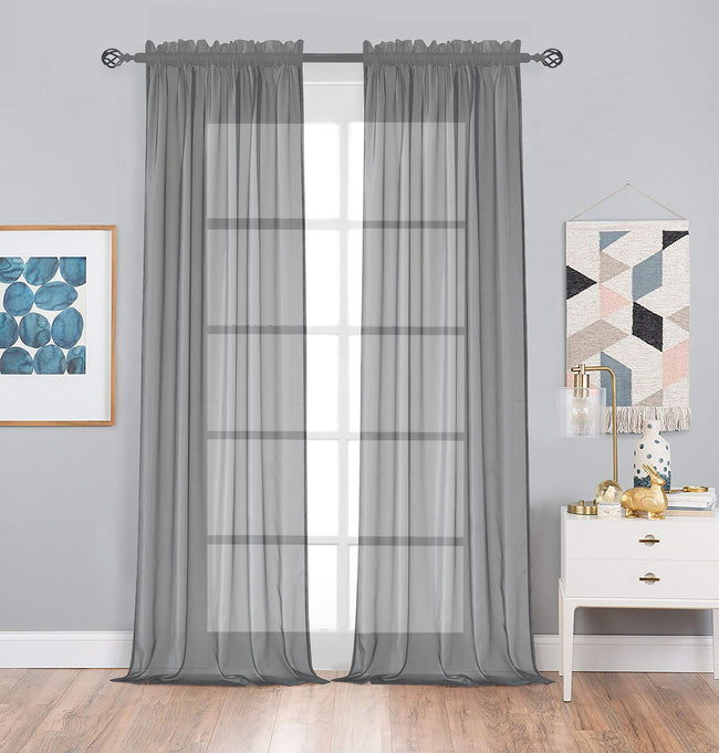 Kate Aurora 2 Piece Extra Long Custom Lux Rod Pocket Sheer Voile Window Curtains - 120 in. Long - Charcoal Gray