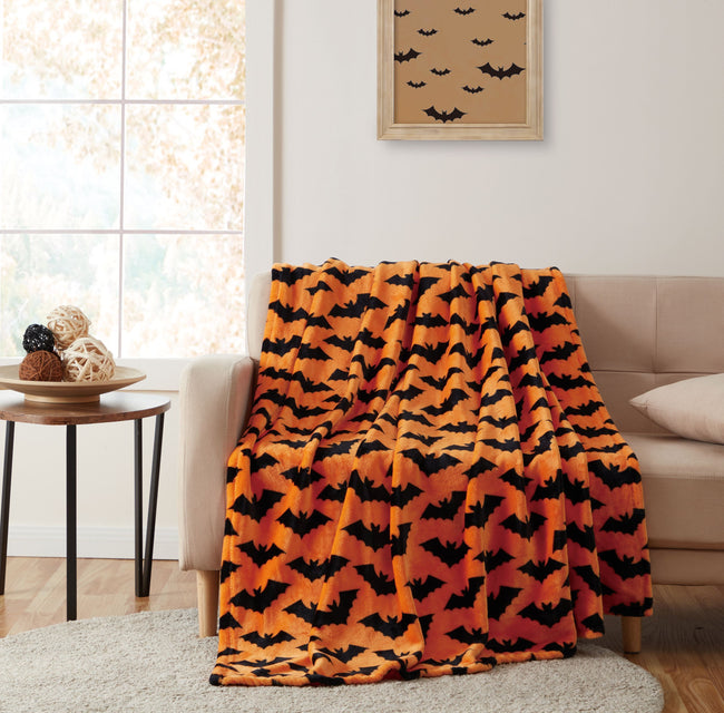 Kate Aurora Living Halloween Spooky Bats Rustic Orange & Black Ultra Soft & Plush Throw Blankets