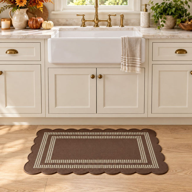 Kate Aurora Remi Scalloped Anti Fatigue Non-Skid Memory Foam Kitchen Floor Mat - 18 in. W x 30 in. L - Brown