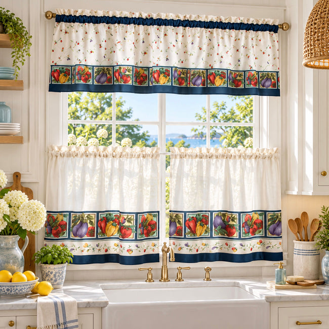 Kate Aurora Garden Veggies 3 Piece Tier And Valance Lightweight Sheer Cafe Kitchen Curtain Set - 24 in. Long