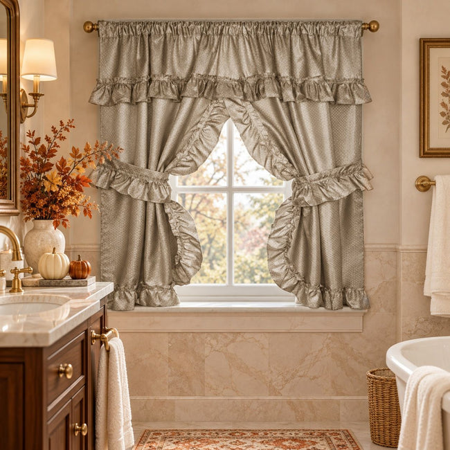 Kate Aurora Complete Linen Colored Rod Pocket Bathroom Window Curtain and Tie Backs Set - Linen