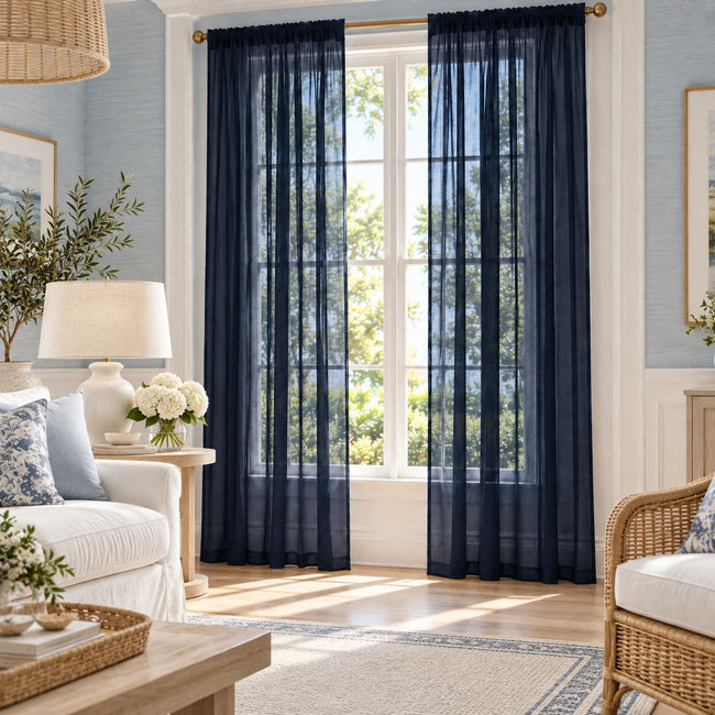 Kate Aurora Navy Blue 2 Piece Ultra Lux Rod Pocket Sheer Curtain Panels for Extra Long Windows - 95 in. Long