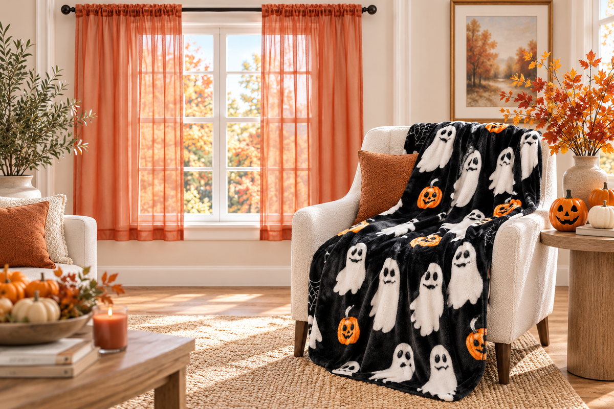 Sunlit autumn living room featuring Kate Aurora Autumn Spice sheer rod-pocket curtains and the Halloween Friends plush throw