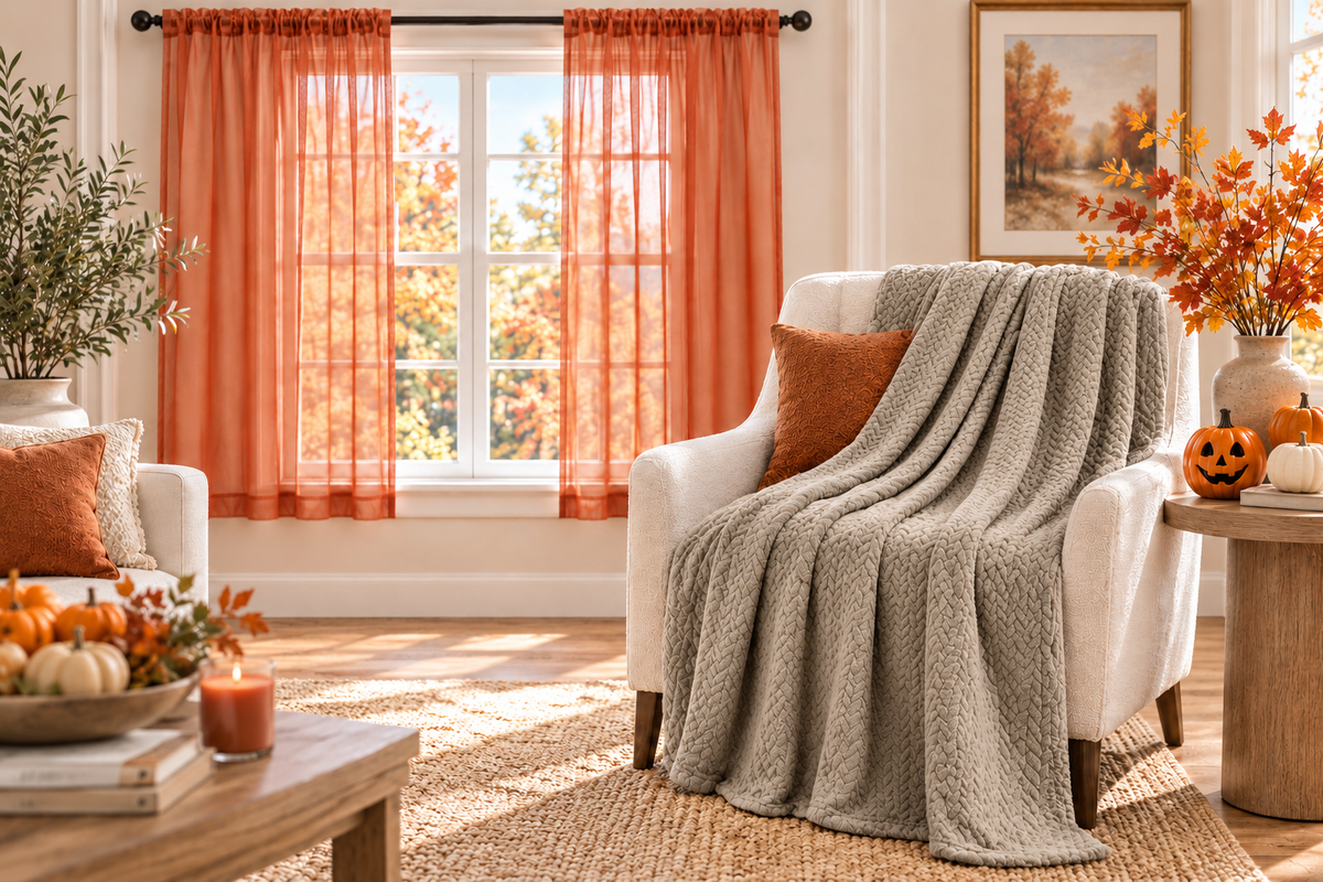 Bright autumn living room with Autumn Spice sheer curtains and a sesame herringbone fleece throw draped over an ivory armchair
