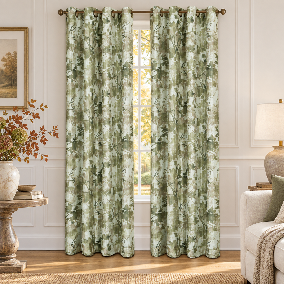 Sage botanical curtain panels in a bright room with warm wood and autumn branches
