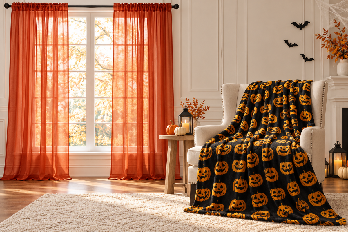 Kate Aurora pumpkin-spice sheer curtains and black jack-o-lantern fleece throw in a bright, elegant Halloween living room.