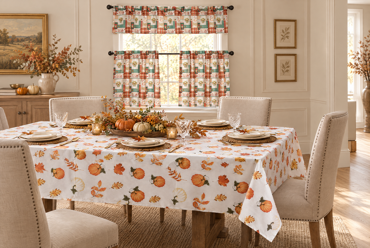 Thanksgiving dining room styled with Kate Aurora's Autumn Leaves Pumpkins and Leaves tablecloth and Harvest Plaid Sunflowers and Pumpkins cafe curtain set.