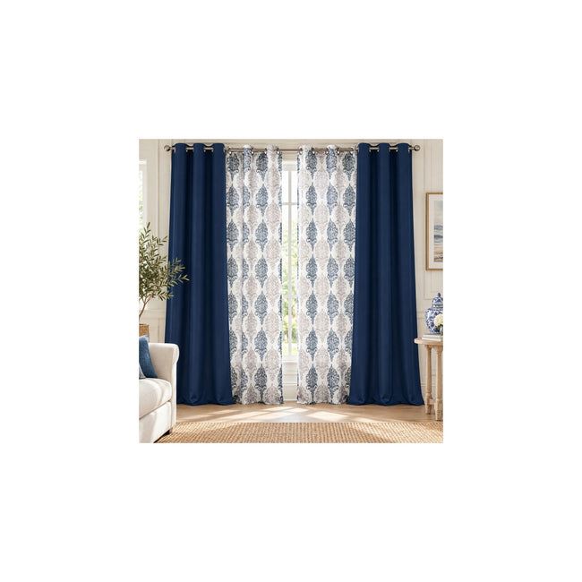 Kate Aurora 4 Piece Navy Blue Royal Damask Room Darkening Coordinated Grommet Top Curtain Panels