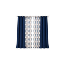 Four-piece navy and damask grommet curtain set on a white background